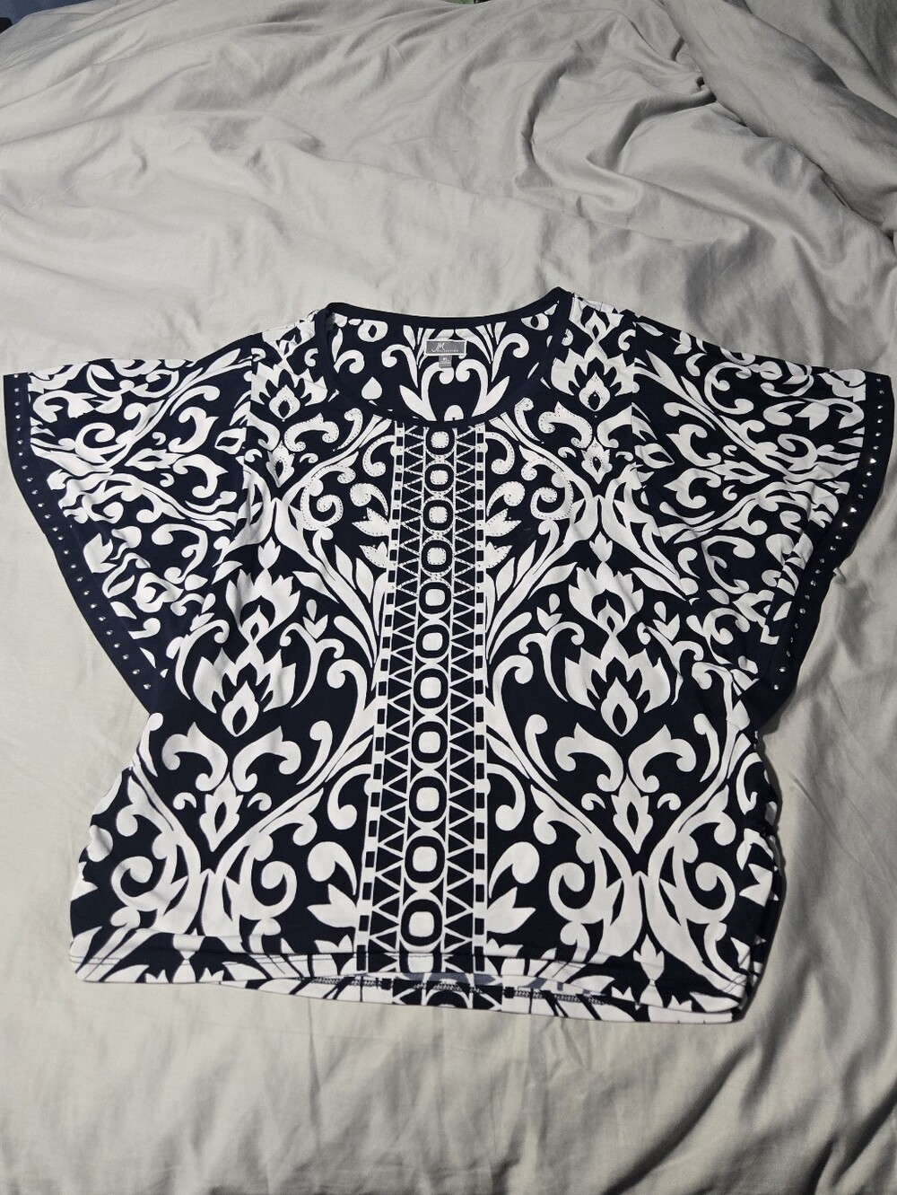 JM Collection Navy and White Printed Flutter Sleeve Blouse